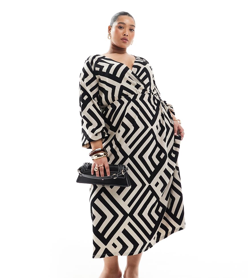 Vero Moda Curve - Knöchellanges Wickelkleid mit abstraktem Muster in Schwarz-Weiß-Neutral Vero Moda Curve - Knöchellanges Wickelkleid mit abstraktem Muster in Schwarz-Weiß-Neutral von Vero Moda Curve