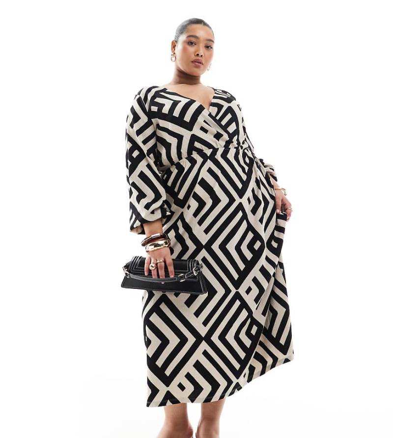 Vero Moda Curve - Knöchellanges Wickelkleid mit abstraktem Muster in Schwarz-Weiß-Neutral von Vero Moda Curve