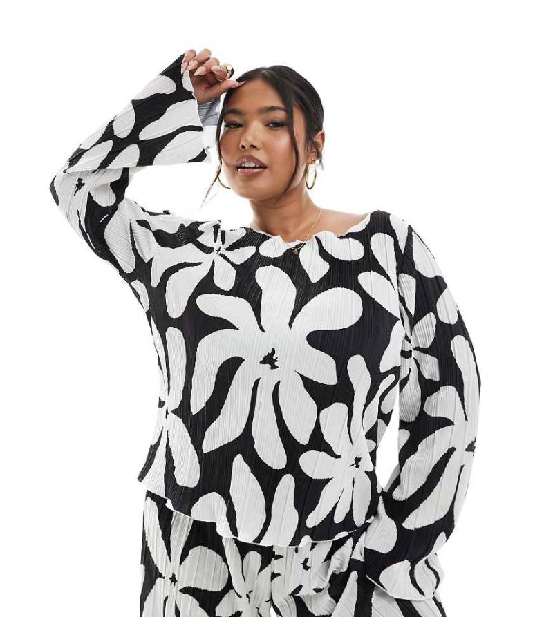 Vero Moda Curve - Langärmliges, plissiertes Oberteil in Schwarz mit U-Boot-Ausschnitt und weißem Blumenmuster von Vero Moda Curve