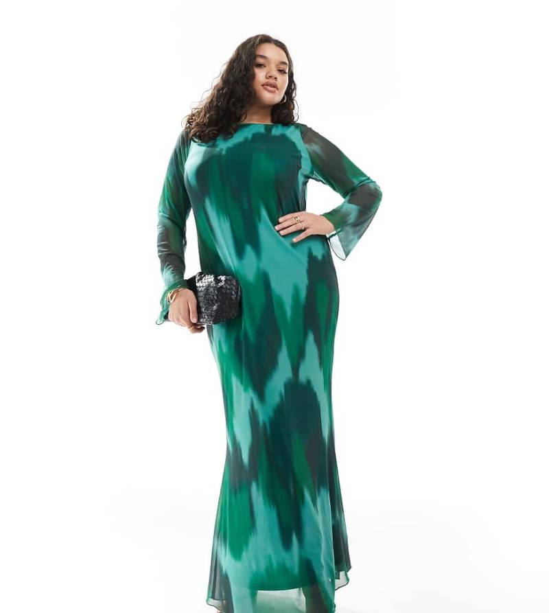 Vero Moda Curve - Langärmliges Maxikleid aus Mesh in Dunkelgrün mit abstraktem Muster-Bunt von Vero Moda Curve