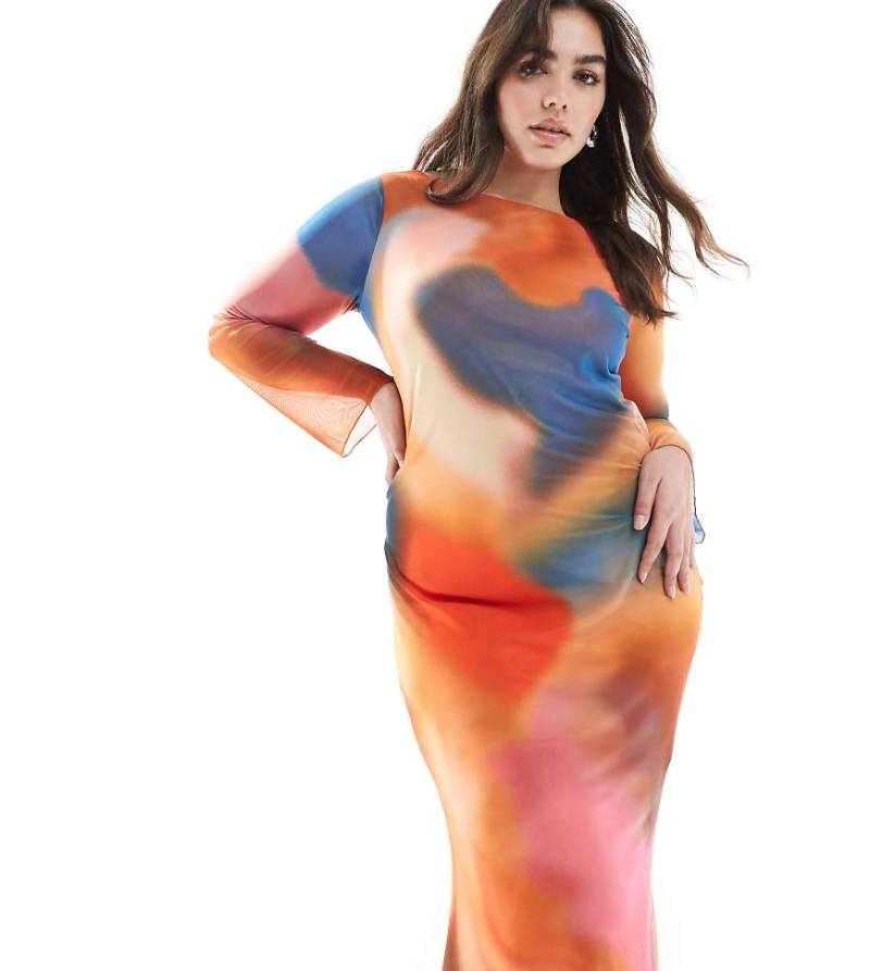 Vero Moda Curve - Langärmliges Maxikleid in Blau mit abstraktem Sonnenuntergangs-Design-Bunt von Vero Moda Curve