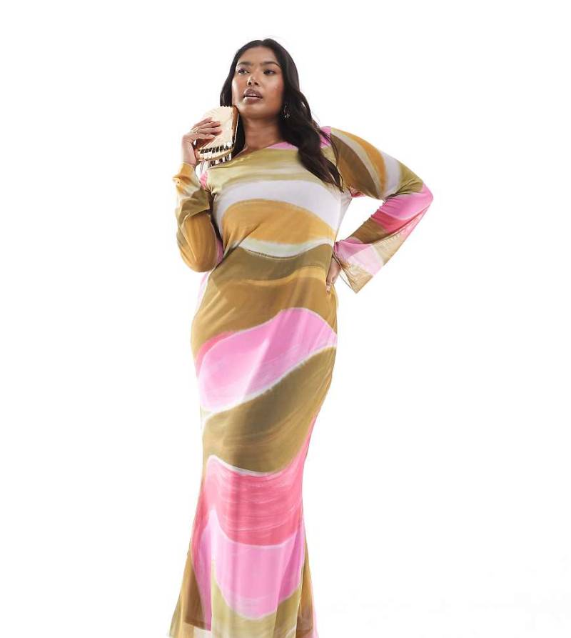 Vero Moda Curve - Langärmliges Netzstoff-Maxikleid mit buntem, überdimensioniertem Muster in gemalter Optik von Vero Moda Curve