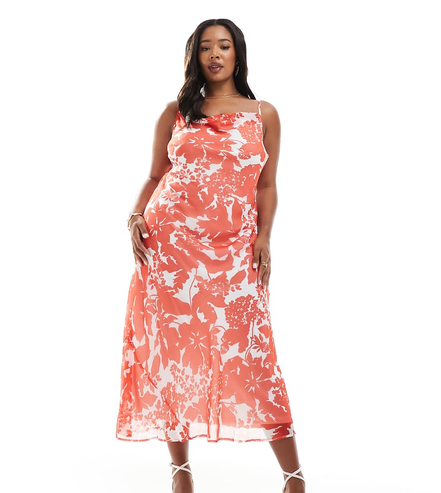 Vero Moda Curve - Langes Trägerkleid mit rotem Blumenprint und Wasserfallausschnitt von Vero Moda Curve