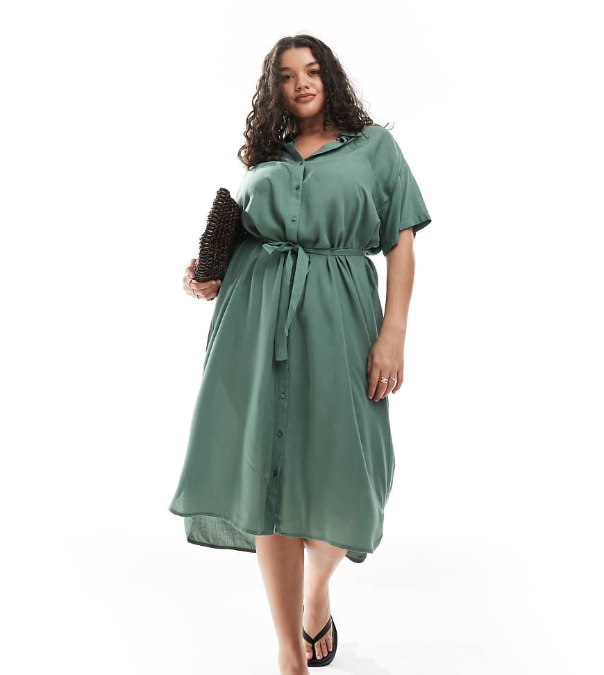 Vero Moda Curve - Midi-Hemdblusenkleid in Grün mit Bindegürtel von Vero Moda Curve