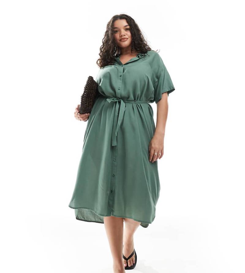 Vero Moda Curve - Midi-Hemdblusenkleid in Grün mit Bindegürtel von Vero Moda Curve