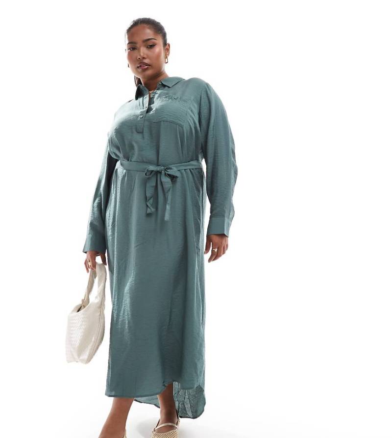 Vero Moda Curve - Midi-Hemdblusenkleid in Khaki-Grün von Vero Moda Curve