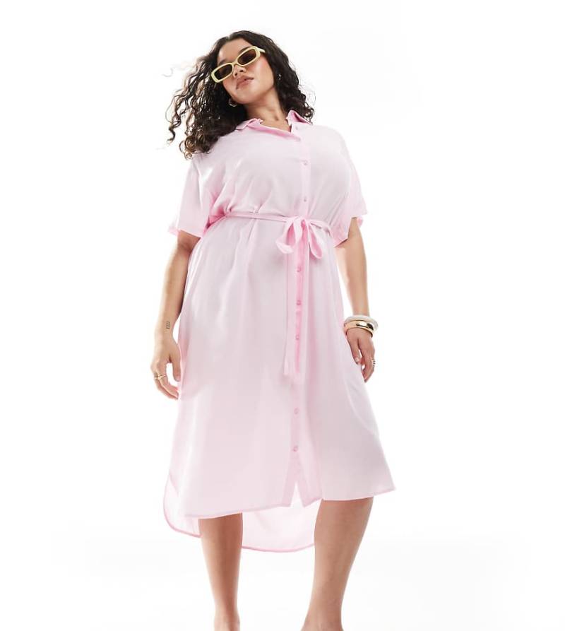 Vero Moda Curve - Midi-Hemdblusenkleid in Rosa mit Bindegürtel von Vero Moda Curve