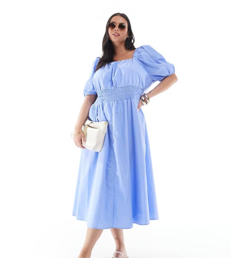 Vero Moda Curve - Milchmädchen-Midikleid in Blau mit Puffärmeln von Vero Moda Curve