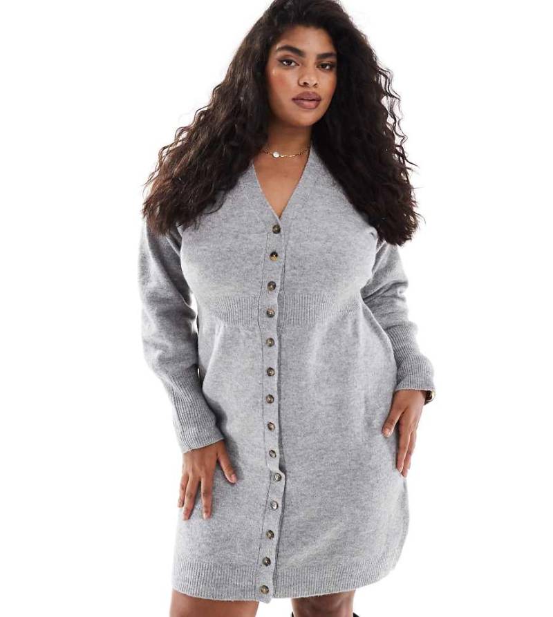 Vero Moda Curve - Minikleid aus Strick in Hellgrau meliert mit Knopfleiste von Vero Moda Curve