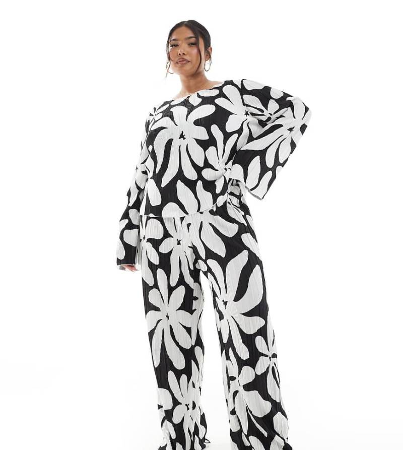 Vero Moda Curve - Plissee-Hose in Schwarz-Weiß mit hohem Bund, weitem Bein und Blumenprint von Vero Moda Curve