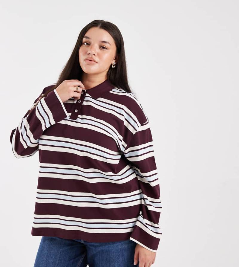 Vero Moda Curve - Rugby-Polohemd in Burgunderrot mit Streifen in Sanftblau von Vero Moda Curve