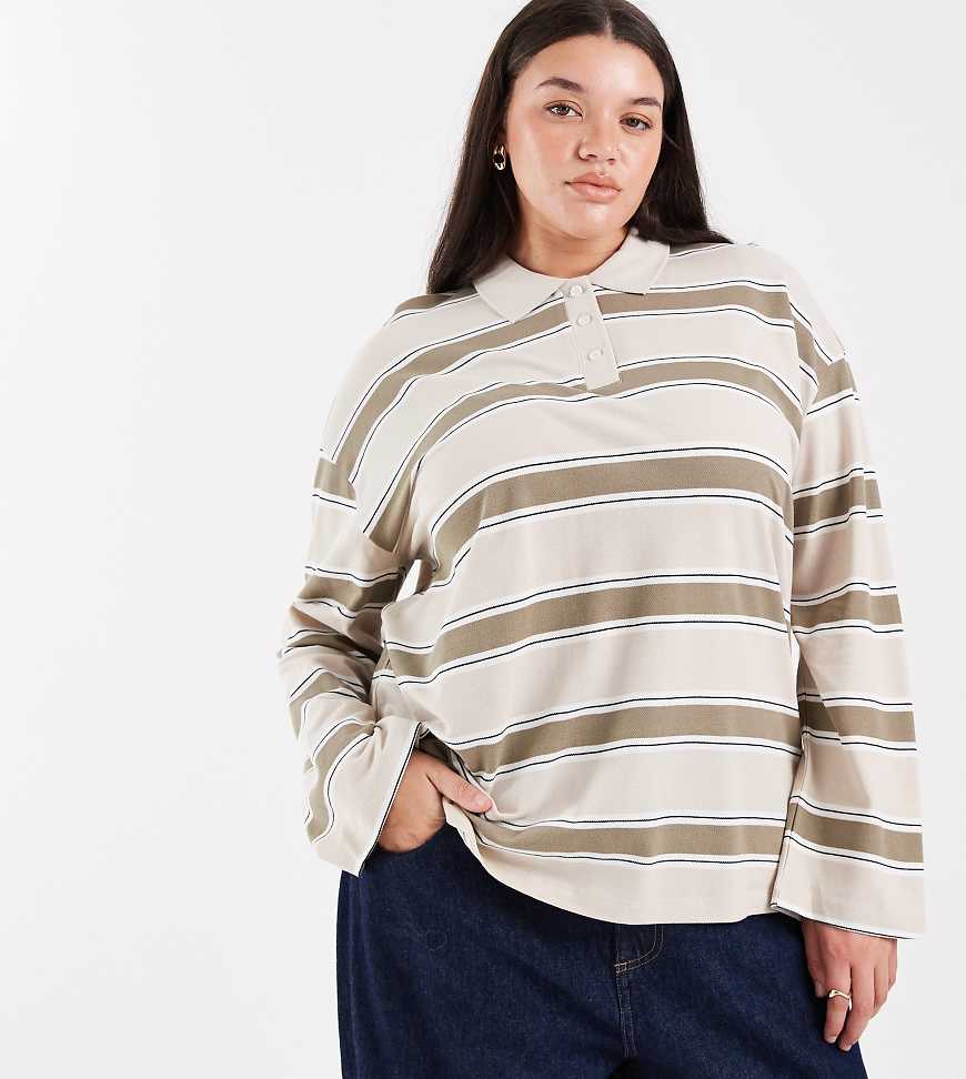 Vero Moda Curve - Rugby-Polohemd in Hellbeige mit Streifen in Khaki-Neutral Vero Moda Curve - Rugby-Polohemd in Hellbeige mit Streifen in Khaki-Neutral von Vero Moda Curve