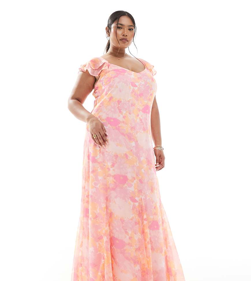 Vero Moda Curve - Smilla - Knöchellanges Kleid in Rosa mit verschwommenem Blumenmuster und Flatterärmeln von Vero Moda Curve