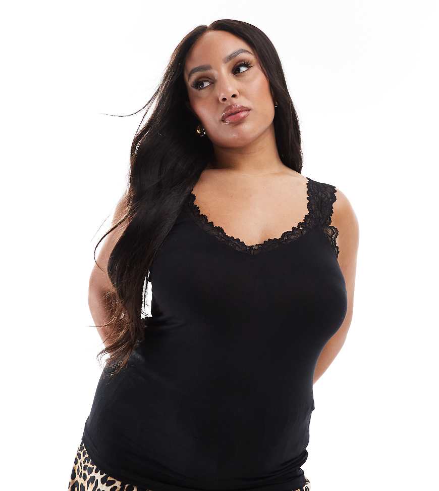Vero Moda Curve - Trägertop aus Jersey in Schwarz mit Spitzenbesatz Vero Moda Curve - Trägertop aus Jersey in Schwarz mit Spitzenbesatz von Vero Moda Curve