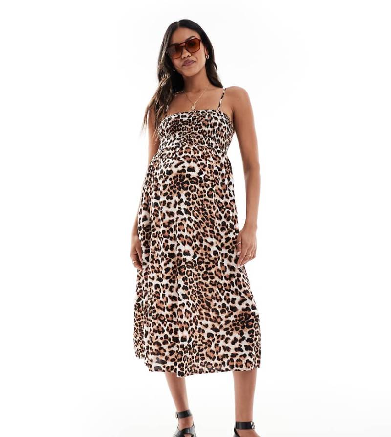 Vero Moda Maternity - Easy - Gesmoktes, knöchellanges Umstands-Trägerkleid mit Leopardenmuster-Neutral von Vero Moda Maternity