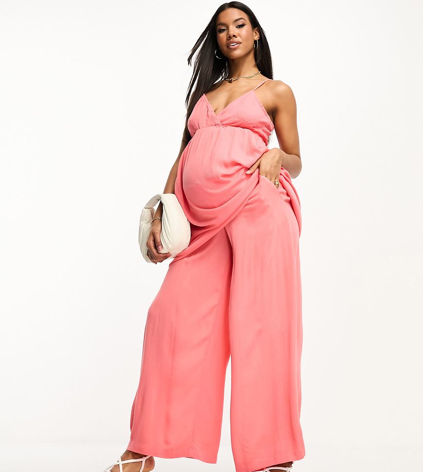 Vero Moda Maternity - Gesmokte Hose in Korallenrot mit weitem Schnitt-Orange von Vero Moda Maternity