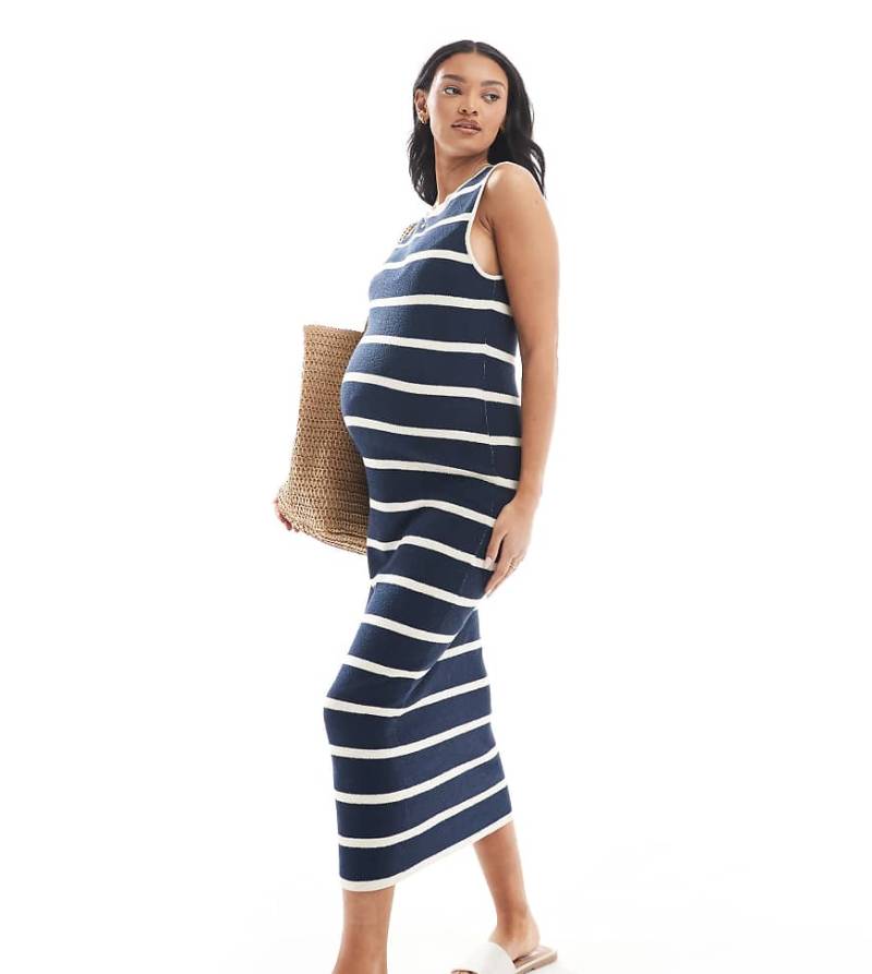 Vero Moda Maternity - Knöchellanges Kleid aus Jersey-Strick in Marineblau mit Streifen, Umstandsmode von Vero Moda Maternity