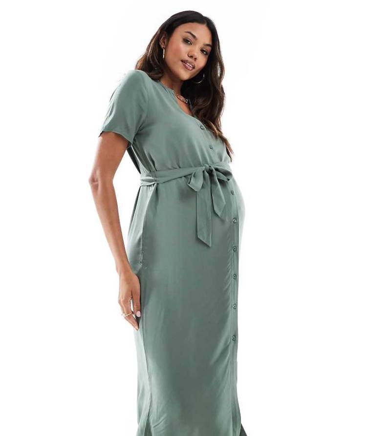 Vero Moda Maternity - Midi-Hemdblusenkleid in Khakigrün mit Bindegürtel von Vero Moda Maternity