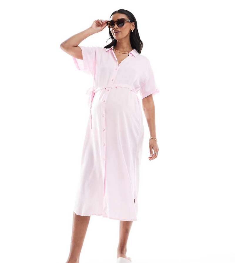 Vero Moda Maternity - Midi-Hemdblusenkleid in Rosa mit Bindegürtel, Umstandsmode von Vero Moda Maternity