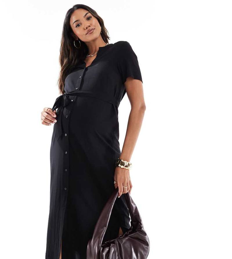 Vero Moda Maternity - Midi-Hemdblusenkleid in Schwarz mit Bindegürtel von Vero Moda Maternity