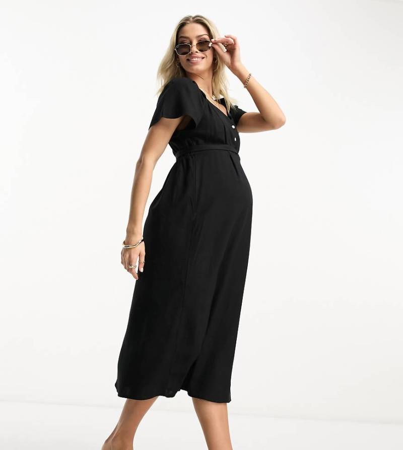 Vero Moda - Umstandsmode - Midikleid aus Leinenmix mit Flatterärmeln in Schwarz von Vero Moda Maternity