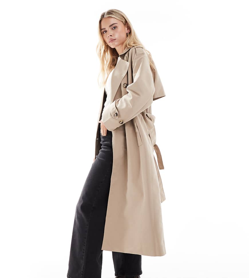 Vero Moda Petite - Lang geschnittener Trenchcoat in Steinbeige mit Bindegürtel-Neutral von Vero Moda Petite