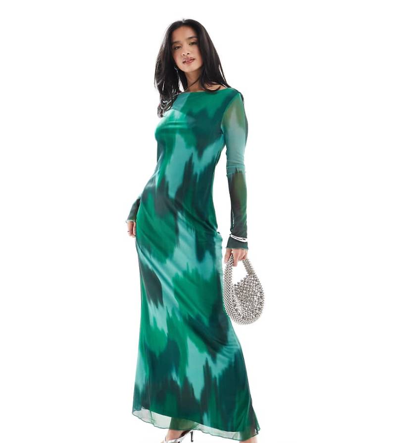 Vero Moda Petite - Langärmliges Netzstoff-Maxikleid in Dunkelgrün mit abstraktem Muster-Bunt von Vero Moda Petite