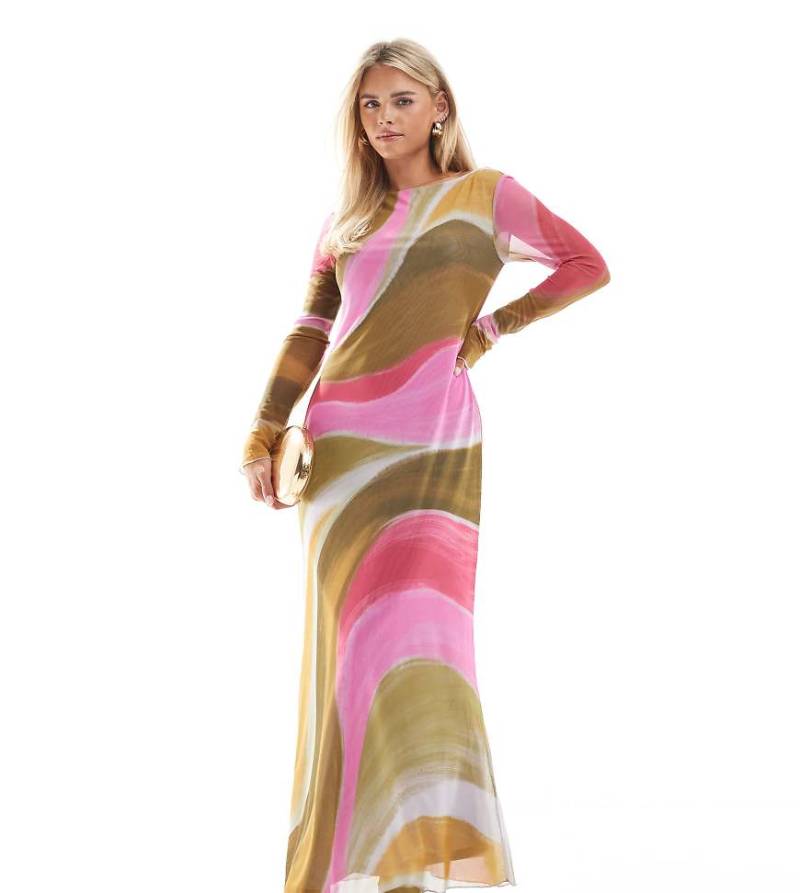 Vero Moda Petite - Langärmliges Netzstoff-Maxikleid mit buntem, überdimensioniertem Muster mit gemaltem Effekt von Vero Moda Petite