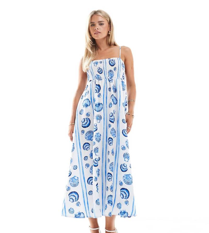 Vero Moda Petite - Midi-Trägerkleid mit blauem Muschelmuster von Vero Moda Petite