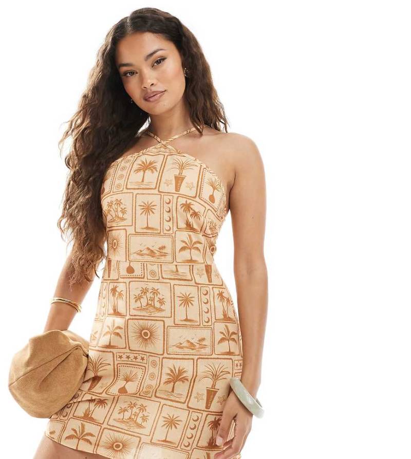 Vero Moda Petite - Neckholder-Minikleid mit farblich abgestimmtem Postkartendruck-Bunt von Vero Moda Petite