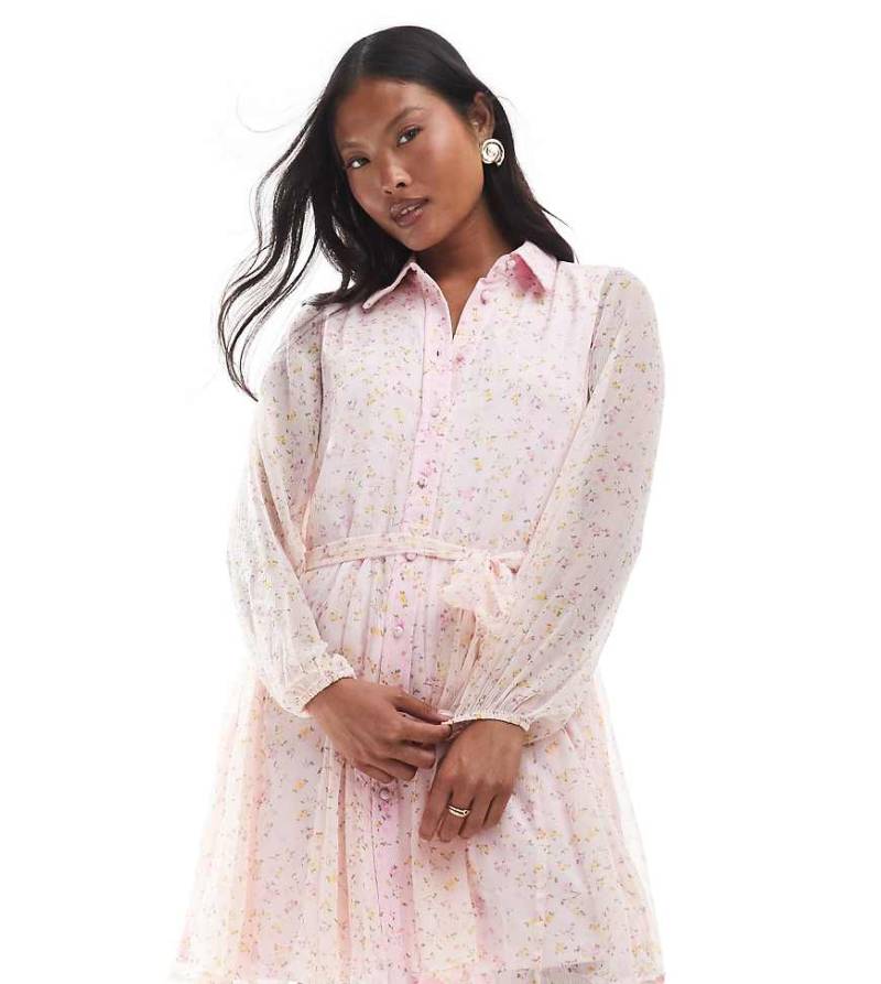 Vero Moda Petite - Smilla - Schwingendes Hemdblusenkleid in Rosa mit Gürtel und Blümchenmuster von Vero Moda Petite