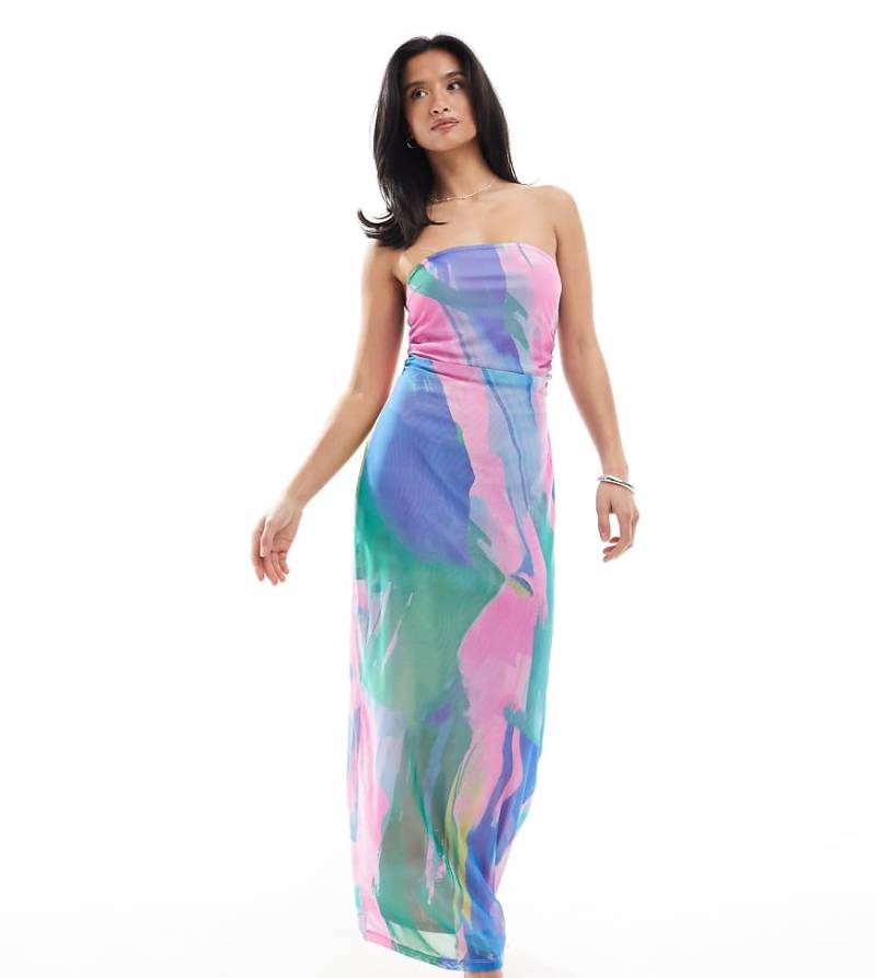 Vero Moda Petite - Trägerloses Netzstoff-Maxikleid mit abstraktem Muster in Rosa und Blau-Bunt von Vero Moda Petite