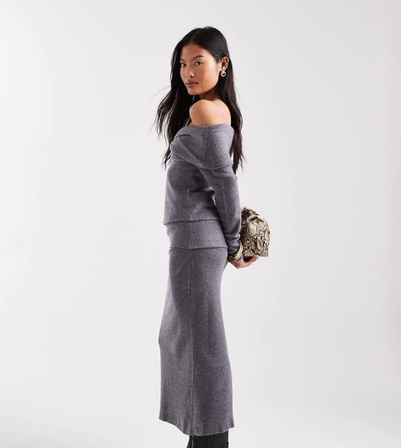 Vero Moda Petite - Weicher Midirock in meliertem Grau mit umgeschlagenem Bund, Kombiteil-Brown von Vero Moda Petite