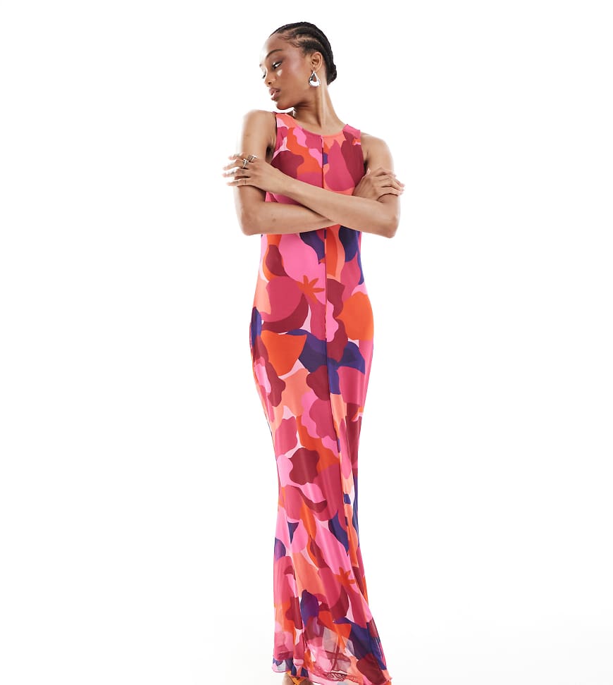 Vero Moda Tall - Ärmelloses Netzstoff-Kleid mit kräftigem abstraktem Muster und Ziernaht vorn-Bunt von Vero Moda Tall