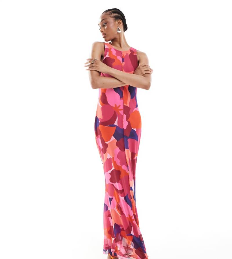 Vero Moda Tall - Ärmelloses Netzstoff-Kleid mit kräftigem abstraktem Muster und Ziernaht vorn-Bunt von Vero Moda Tall