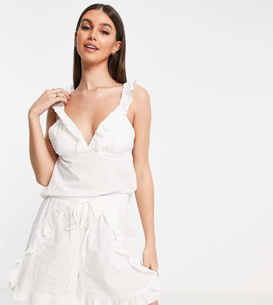 Vero Moda Tall - Baumwoll-Pyjama in Weiß mit Noppenstruktur und Rüschenverzierung Vero Moda Tall - Baumwoll-Pyjama in Weiß mit Noppenstruktur und Rüschenverzierung von Vero Moda Tall