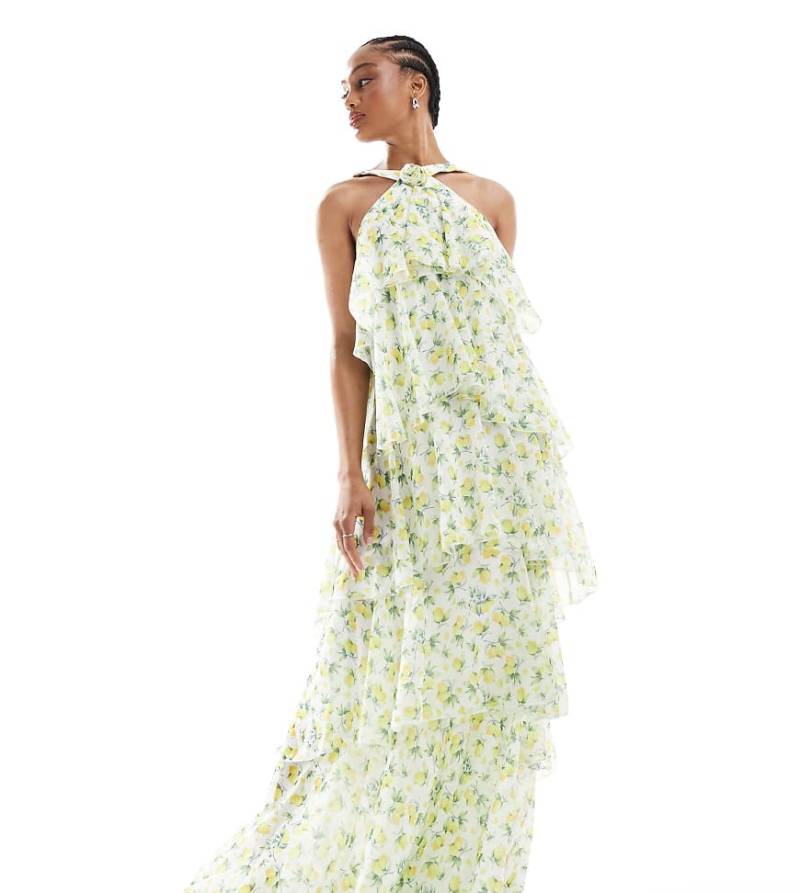 Vero Moda Tall - Felicia - Gestuftes Neckholder-Maxikleid mit Zitronenmuster und Ansteckblumendetail-Gelb von Vero Moda Tall