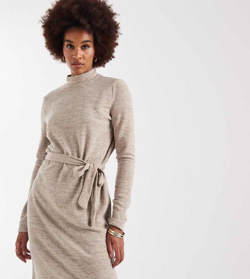Vero Moda Tall - Hochgeschlossenes Strick-Minikleid in Stein mit Bindebund-Neutral von Vero Moda Tall