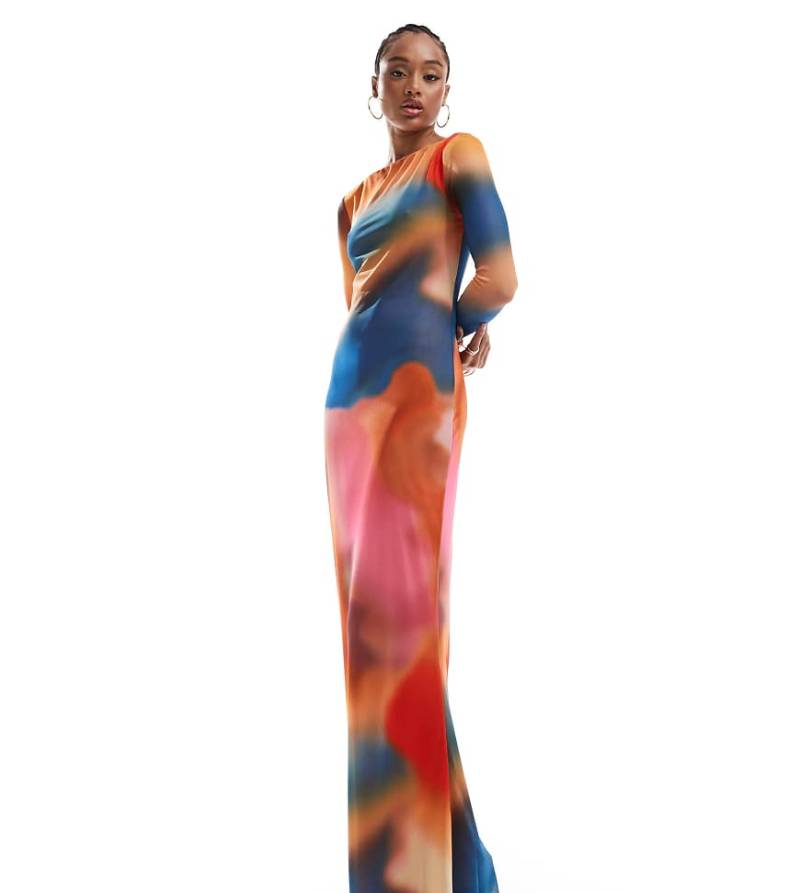 Vero Moda Tall - Langärmliges Netzstoff-Maxikleid mit blauem Sonnenuntergangsmuster-Bunt von Vero Moda Tall