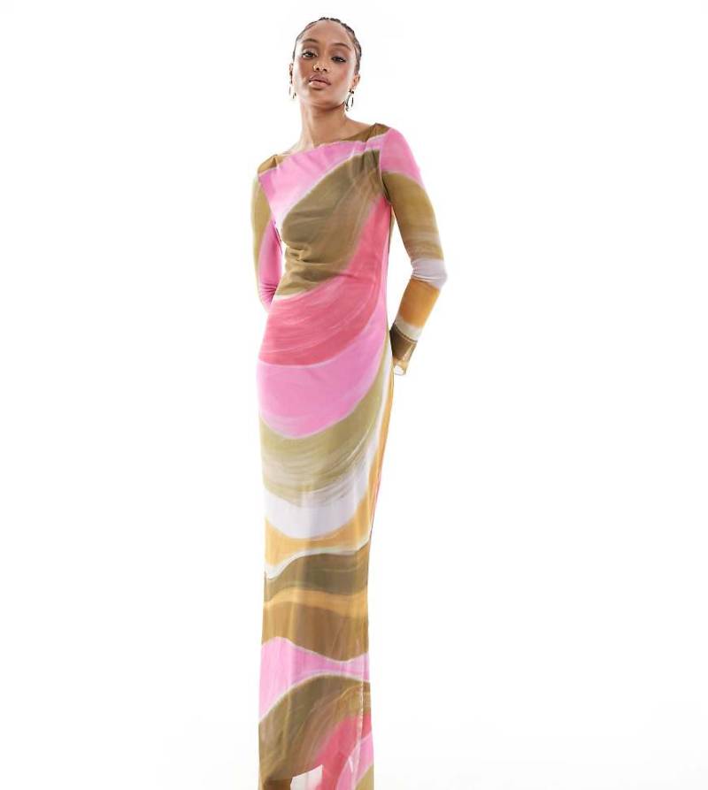 Vero Moda Tall - Langärmliges Netzstoff-Maxikleid mit buntem, überdimensioniertem Muster mit gemaltem Effekt von Vero Moda Tall