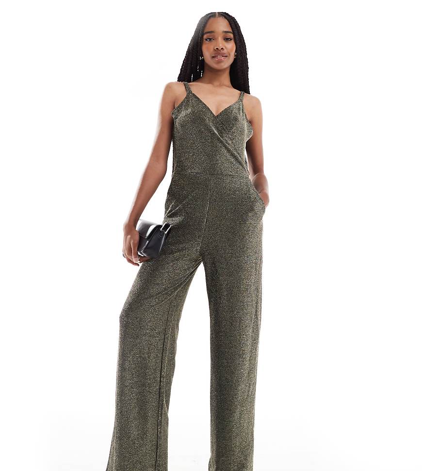Vero Moda Tall - Riemchen-Jumpsuit in Schwarz und glitzernder Goldoptik mit weitem Bein von Vero Moda Tall