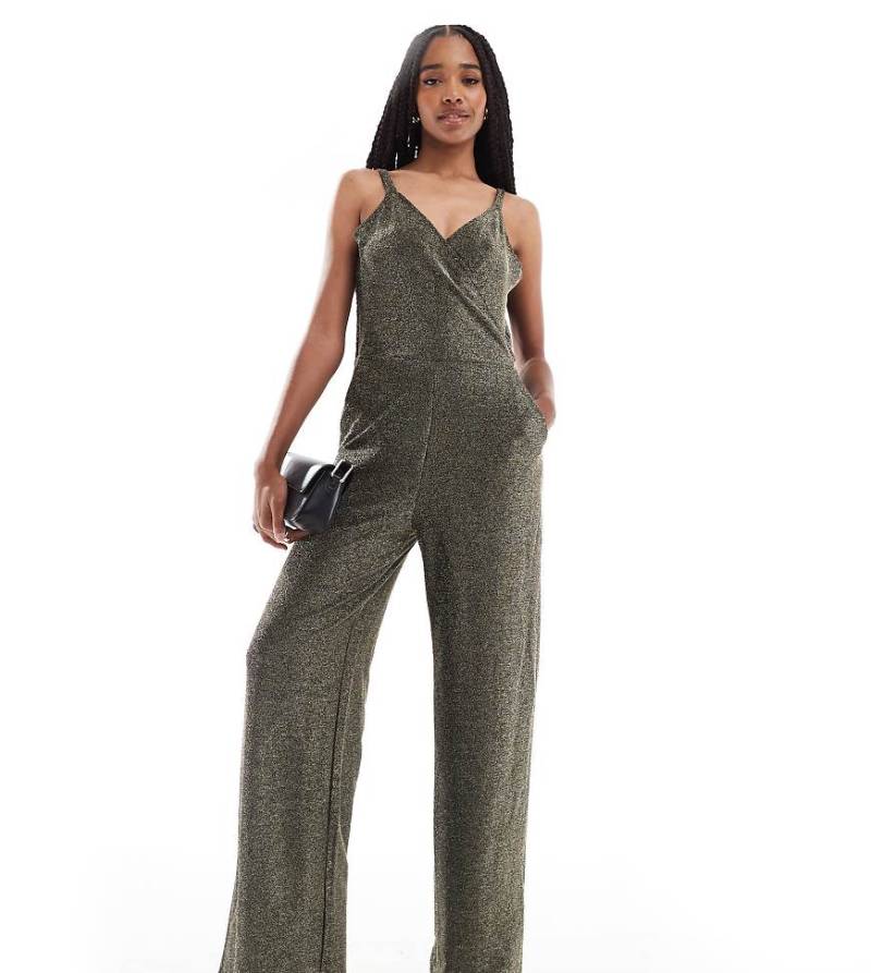 Vero Moda Tall - Riemchen-Jumpsuit in Schwarz und glitzernder Goldoptik mit weitem Bein von Vero Moda Tall