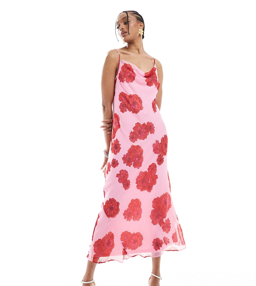 Vero Moda Tall - Smilla - Camisole-Midikleid mit Blumenmuster in Rot und Rosa mit Wasserfallausschnitt Vero Moda Tall - Smilla - Camisole-Midikleid mit Blumenmuster in Rot und Rosa mit Wasserfallausschnitt von Vero Moda Tall