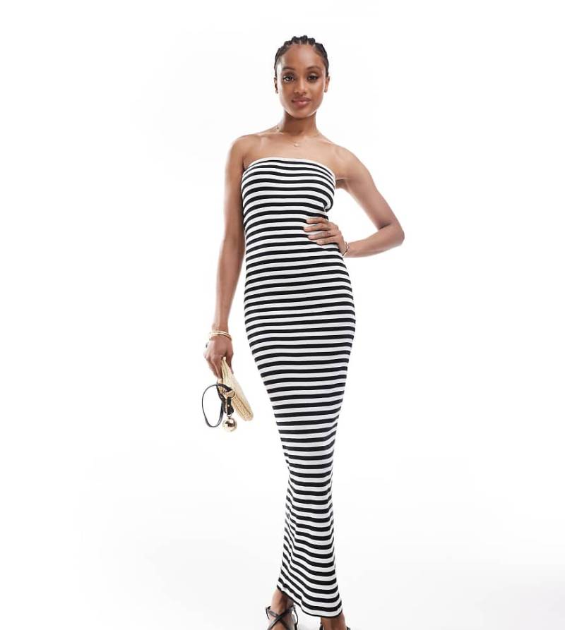 Vero Moda Tall - Trägerloses, gestreiftes Maxikleid aus geripptem Jersey in Schwarz-Weiß von Vero Moda Tall