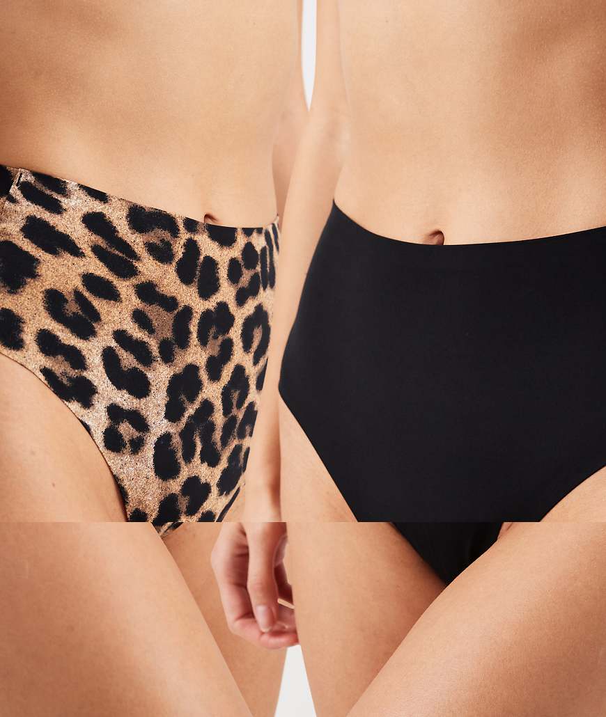 Vero Moda - 2er-Pack Tangas mit hohem Bund in Schwarz und mit Leopardenmuster-Bunt von Vero Moda