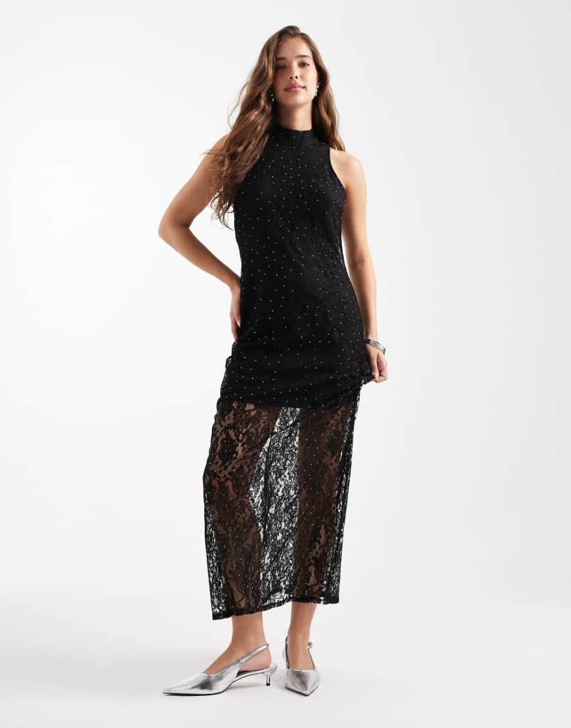 Vero Moda - Ärmelloses Maxikleid aus durchscheinendem, komplett mit Nieten besetztem Stoff in Schwarz von Vero Moda