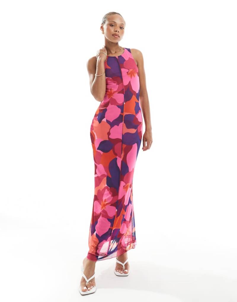 Vero Moda - Ärmelloses Netzstoff-Kleid mit kräftigem abstraktem Druck und Ziernaht vorn-Bunt von Vero Moda