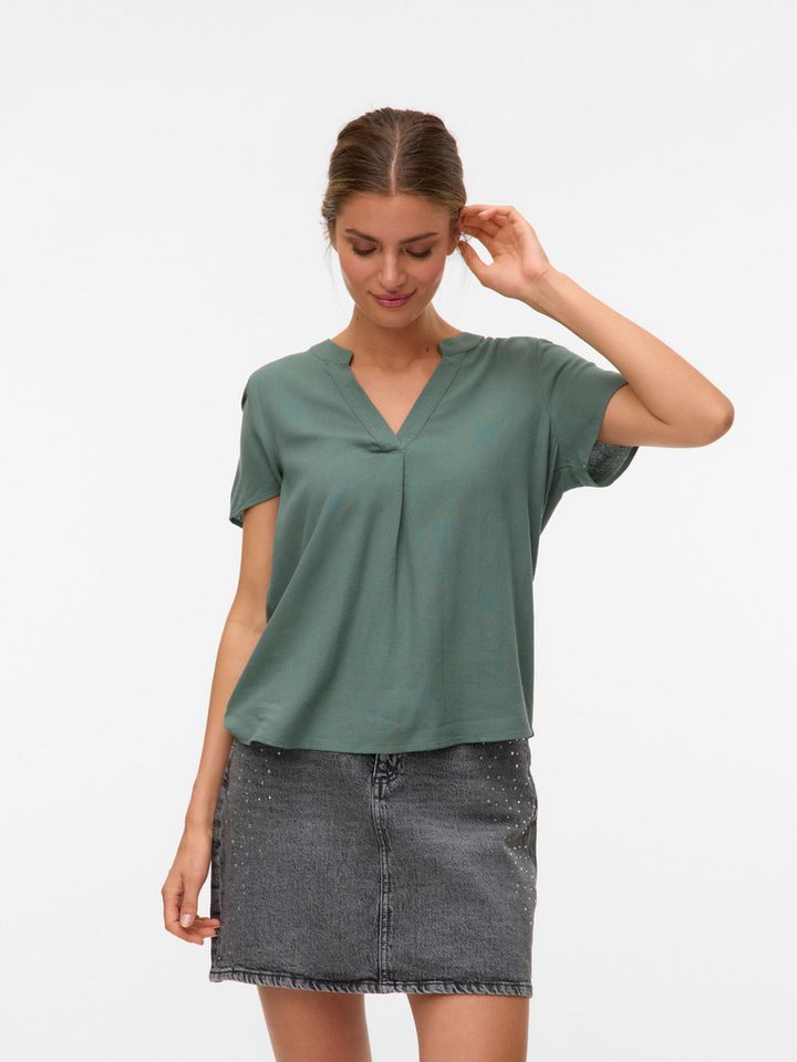 Vero Moda Blusenshirt VMMYMILO SS V-NECK TOP WVN GA mit Leinen von Vero Moda