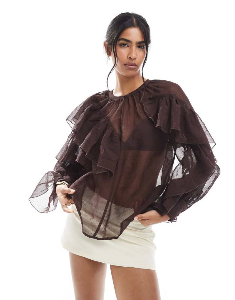 Vero Moda - Boho-Bluse in Schokobraun mit Rüschen von Vero Moda