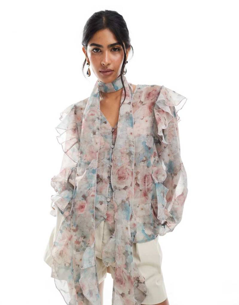 Vero Moda - Boho-Bluse mit verblasstem Blumenprint, Rüschenbesatz und Blousonärmeln-Bunt von Vero Moda
